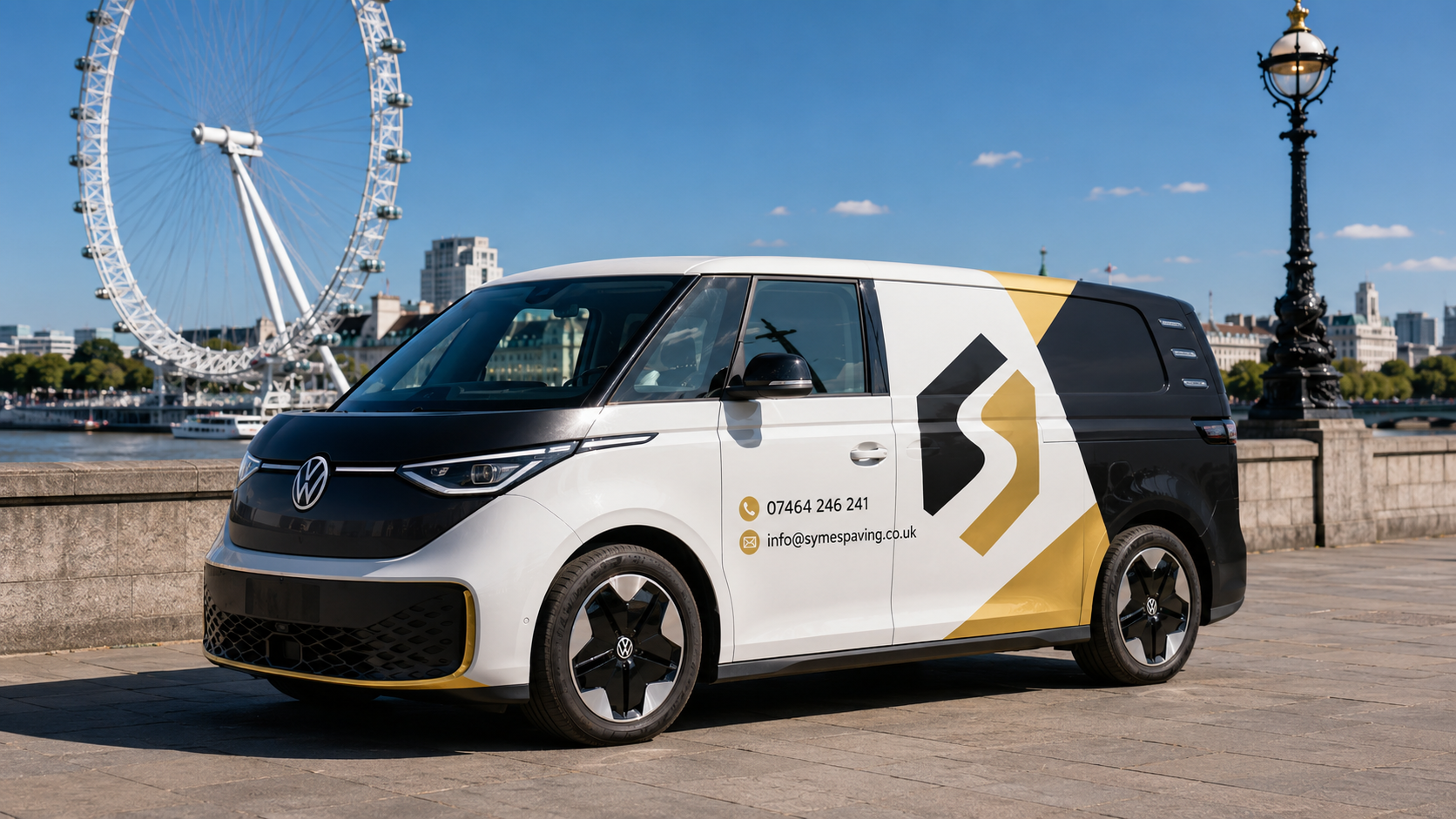 Symes Paving branded VW van parked on the South Bank with the London Eye in the background